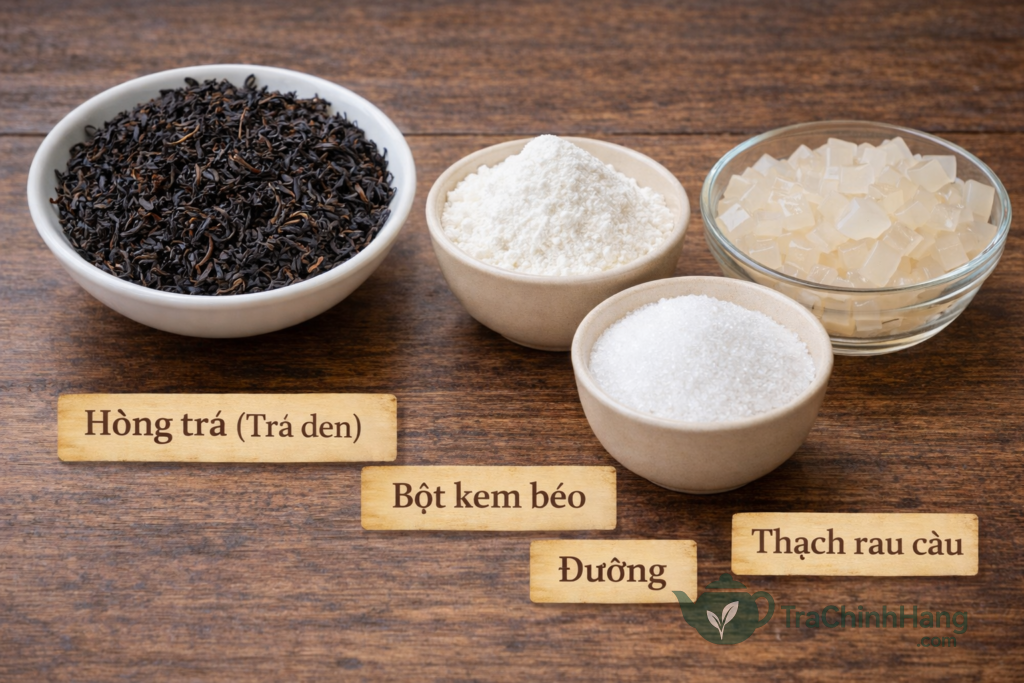Các nguyên liệu cần thiết để pha hồng trà sữa