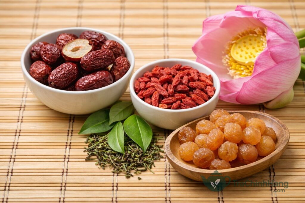 Các loại thảo mộc như táo đỏ, kỷ tử, long nhãn thường dùng pha với trà sen