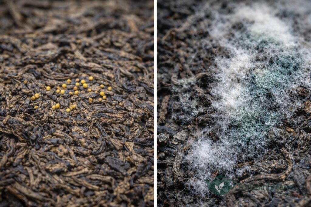 So sánh hình ảnh Kim Hoa và Nấm Mốc trên trà Phổ Nhĩ