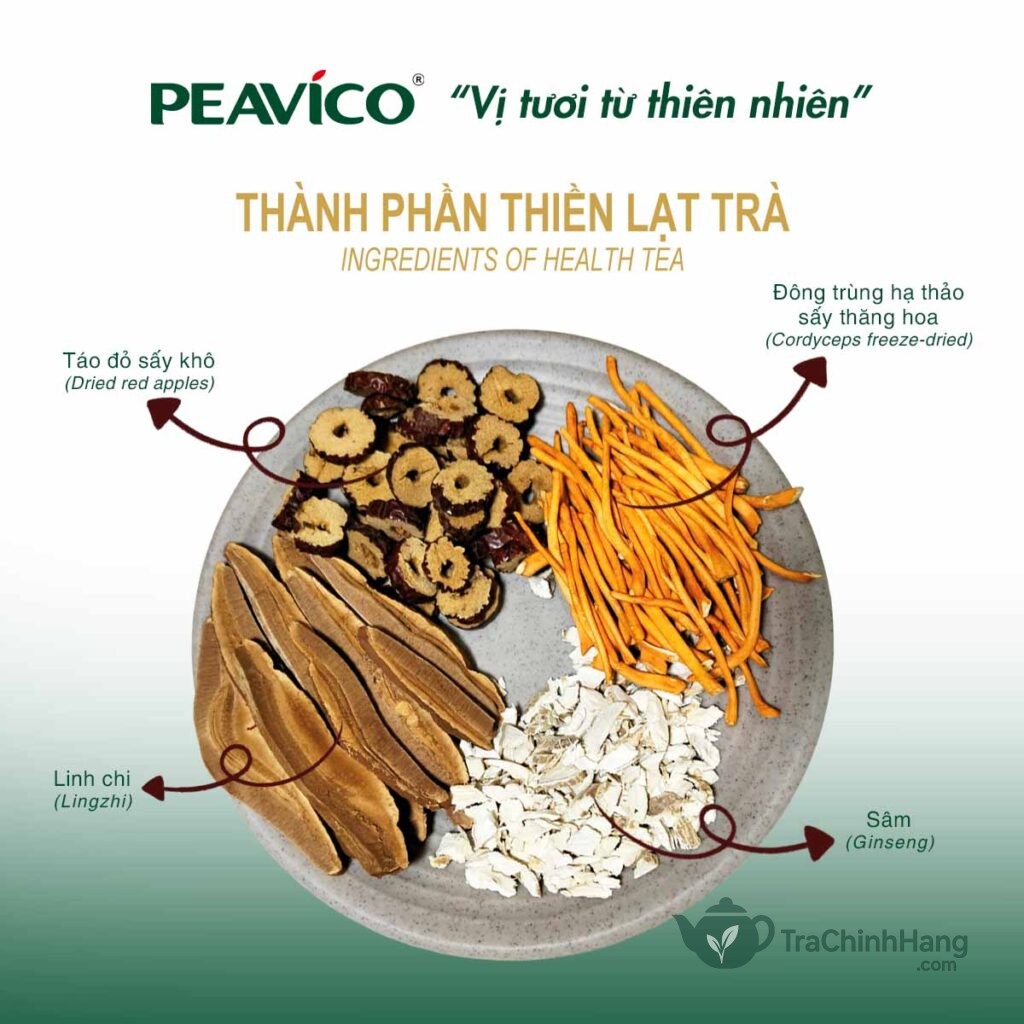 Thành phần trà thiền lạt peavico đông trùng linh chi sâm táo đỏ